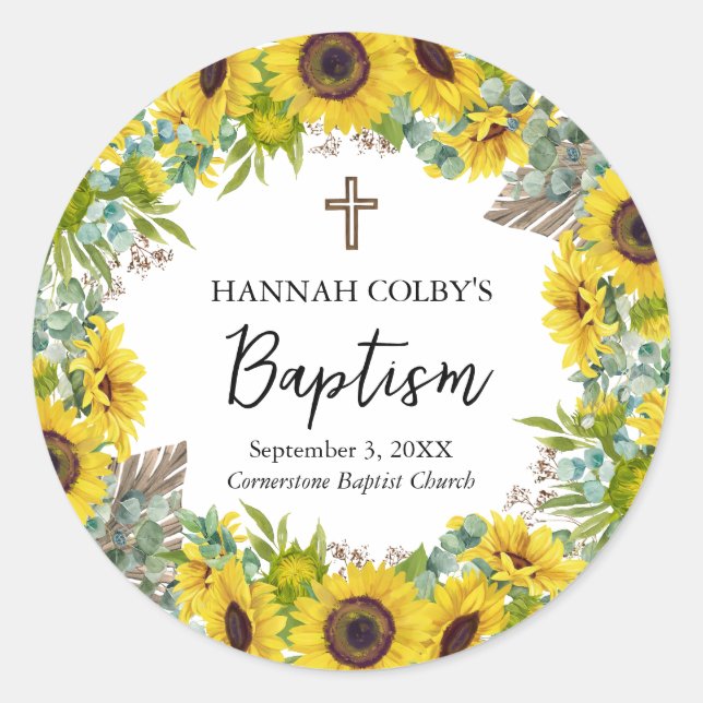 Sunflower & Eucalyptus Boho Cross Baptism Classic Round Sticker (Front)