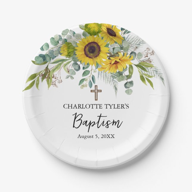 Sunflower & Eucalyptus Boho Cross Baptism Paper Plates (Front)