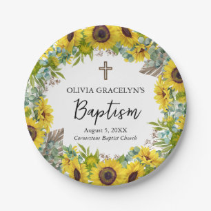 Sunflower & Eucalyptus Boho Cross Baptism Paper Plates