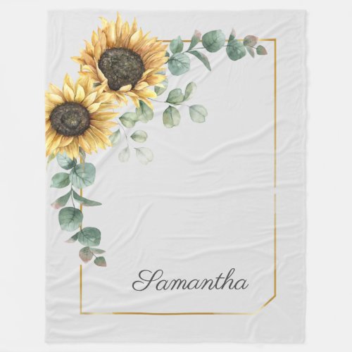 Sunflower Eucalyptus Botanical Floral Script Fleece Blanket