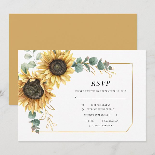 Sunflower Eucalyptus Botanical Gold Geometric RSVP (Front/Back)