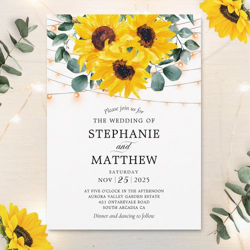 Sunflower Eucalyptus Botanical Lights Wedding Invitation