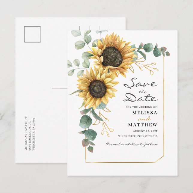 Sunflower Eucalyptus Botanical Save The Date Announcement Postcard (Front/Back)