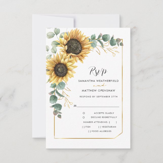Sunflower Eucalyptus Botanical Wedding QR Code RSVP Card (Front)