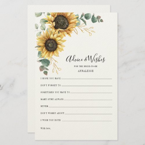 Sunflower Eucalyptus Bridal Shower Advice Card