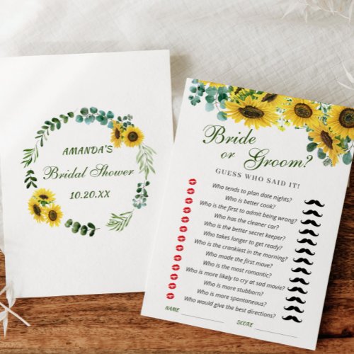 Sunflower Eucalyptus Bridal Shower Game Card