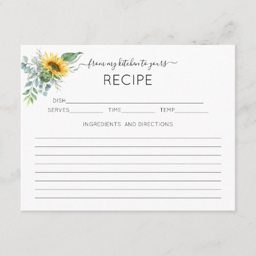 Sunflower Eucalyptus Bridal Shower Recipe Card