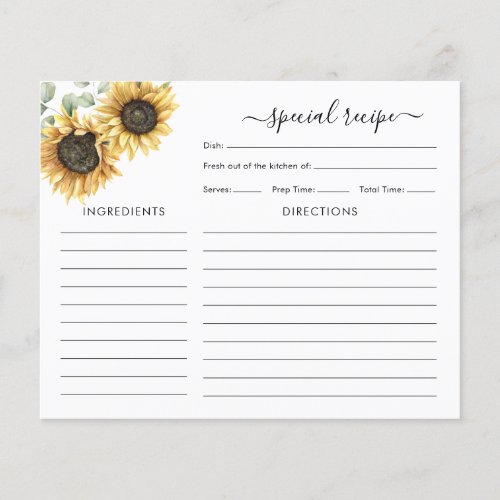 Sunflower Eucalyptus Bridal Shower Recipe Card