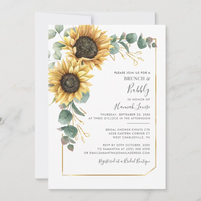 Sunflower Eucalyptus Brunch Bubbly Bridal Shower Invitation (Front)