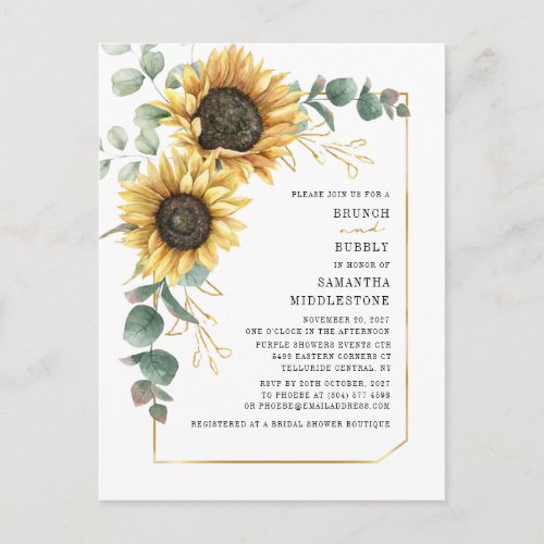 Sunflower Eucalyptus Brunch Bubbly Bridal Shower  Invitation Postcard