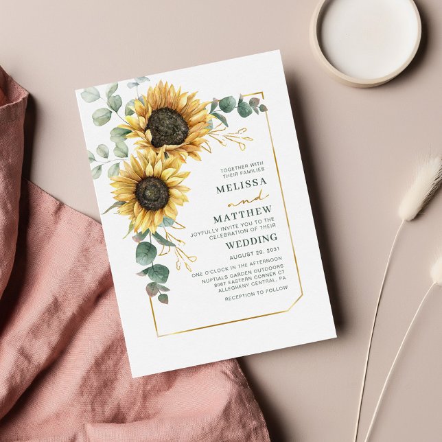 Sunflower Eucalyptus Budget Floral Wedding Note Card (Floral Eucalyptus Sunflower Wedding Invitation)