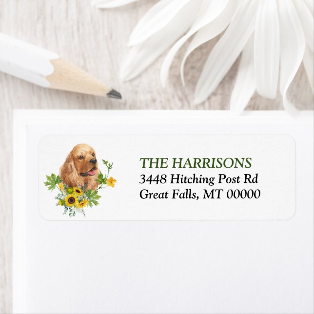 Sunflower Eucalyptus Buff Cocker Spaniel Label (Insitu)