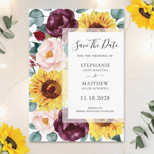 Sunflower Eucalyptus Burgundy Blush Photo Wedding Save The Date