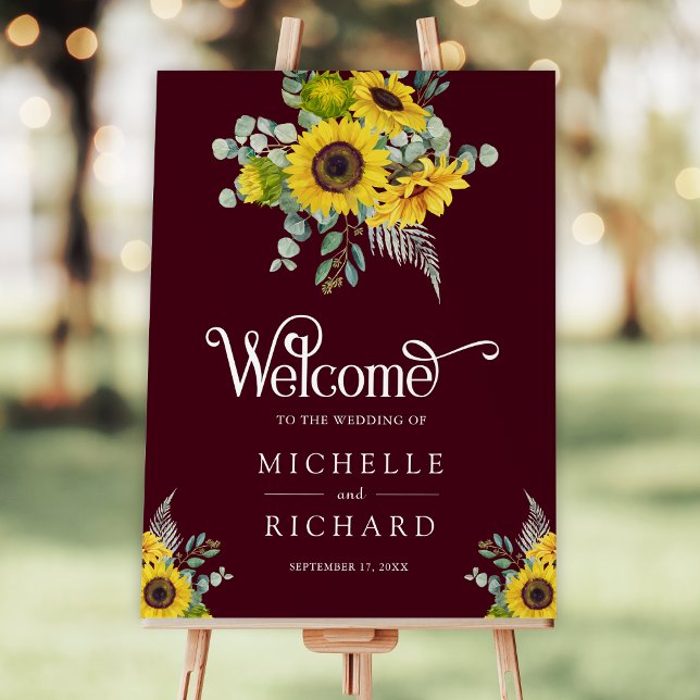 Sunflower Eucalyptus Burgundy Wedding Welcome Sign (Creator Uploaded)