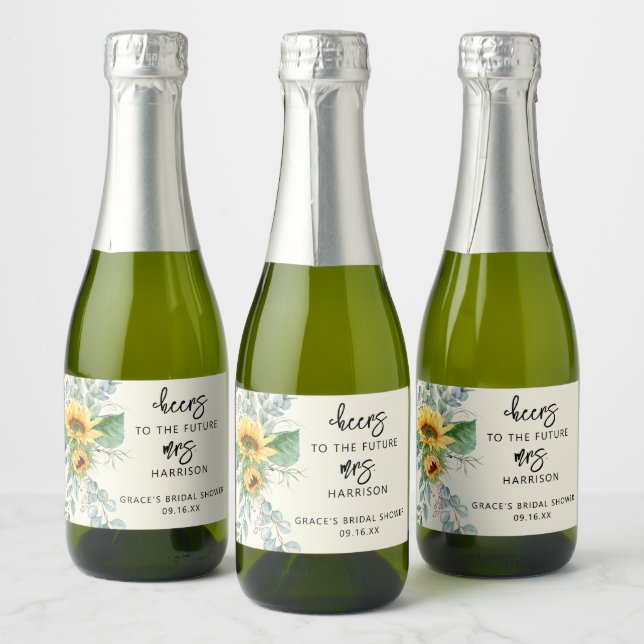 Sunflower Eucalyptus Cheers Bridal Shower Favor Sparkling Wine Label (Bottles)