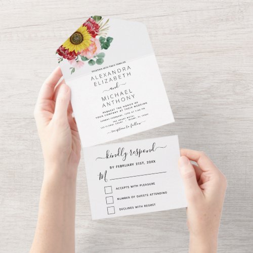 Sunflower Eucalyptus Country Watercolor Wedding All In One Invitation