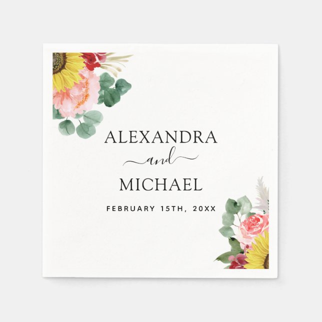 Sunflower Eucalyptus Country Watercolor Wedding Napkins (Front)