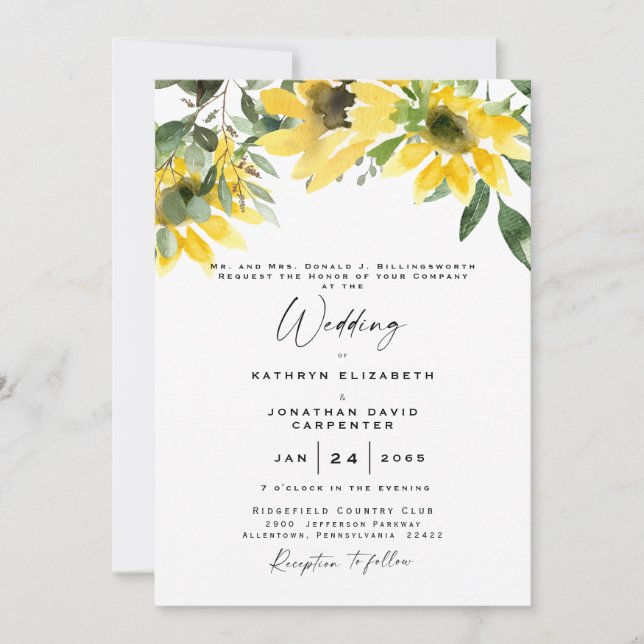 Sunflower Eucalyptus Elegant  Watercolor Wedding   Invitation (Front)