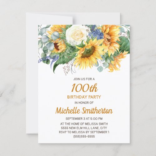 Sunflower Eucalyptus Floral 100th Birthday Card