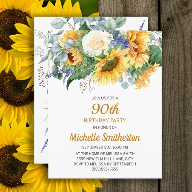 Sunflower Eucalyptus Floral 90th Birthday Card (Sunflowers and eucalyptus 90th birthday party invitation)
