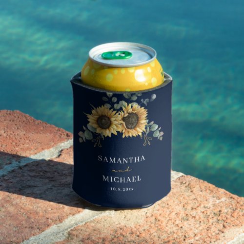 Sunflower Eucalyptus Floral Any Color Wedding Can Cooler