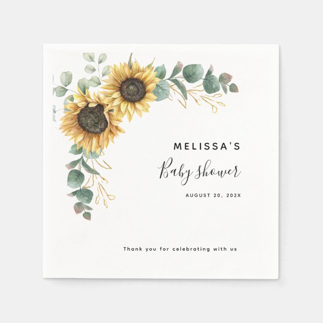 Sunflower Eucalyptus Floral Baby Shower Napkins (Front)