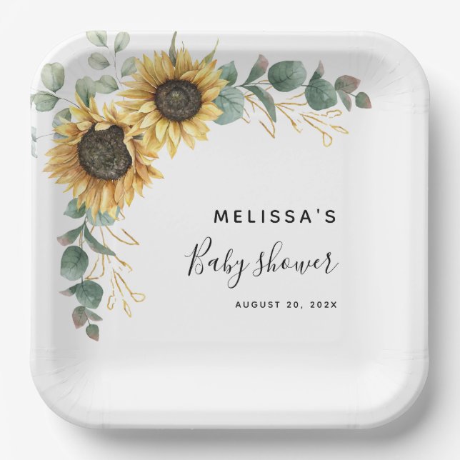 Sunflower Eucalyptus Floral Baby Shower Paper Plates (Front)