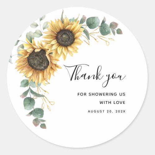 Sunflower Eucalyptus Floral Baby Shower Thank You Classic Round Sticker