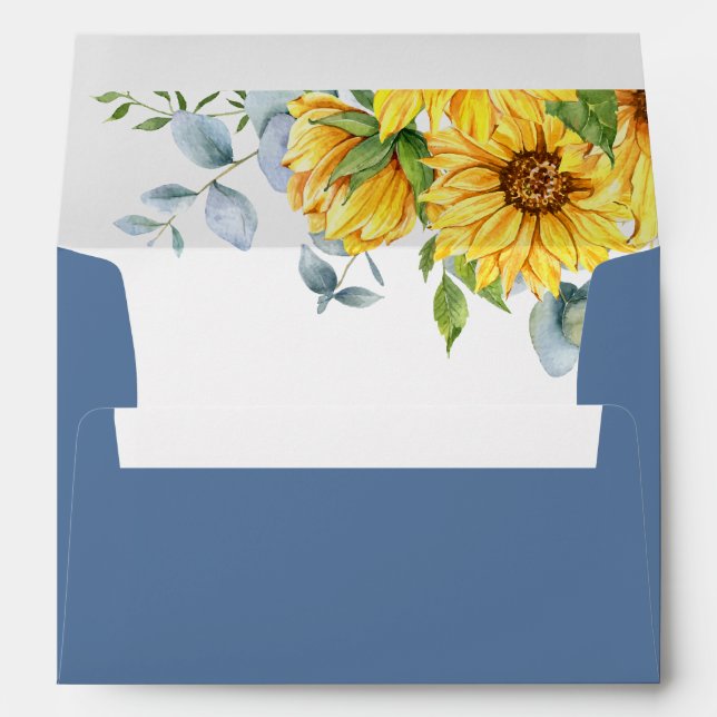 Sunflower & Eucalyptus Floral Blue Wedding Envelope (Back (Bottom))