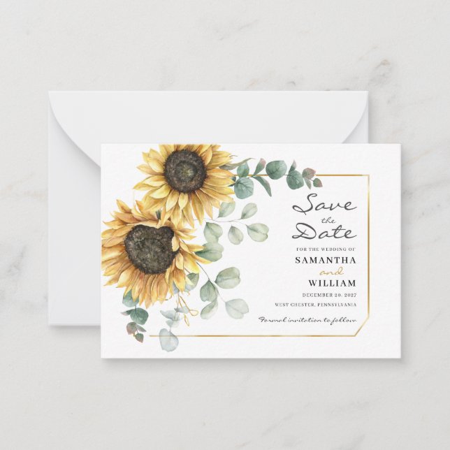 Sunflower Eucalyptus Floral Botanical Save Date Note Card (Front)