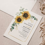 Sunflower Eucalyptus Floral Botanical Wedding Invitation<br><div class="desc">Create a modern Sunflower Floral Wedding invitation card with this cute template featuring beautiful rustic floral bouquet, geometric gold effect frame, with modern simple typography. TIP: Matching wedding suite cards like RSVP, wedding programs, banners, tapestry, gift tags, signs, and other wedding keepsakes and goodies are available in the collection below...</div>