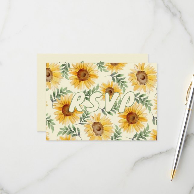 Sunflower Eucalyptus Floral Botanical Wedding RSVP Card (Front/Back In Situ)