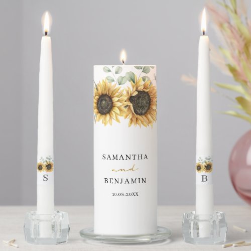 Sunflower Eucalyptus Floral Botanical Wedding Unity Candle Set