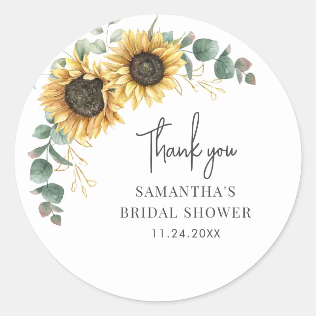 Sunflower Eucalyptus Floral Bridal Shower Greenery Classic Round Sticker (Front)