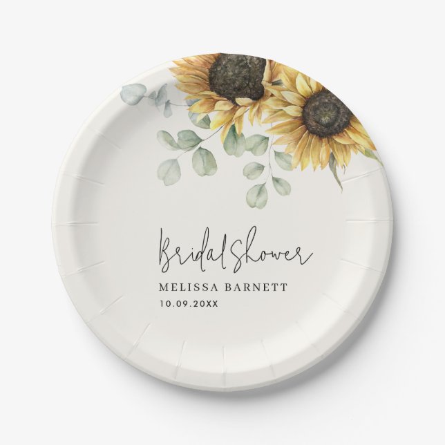 Sunflower Eucalyptus Floral Bridal Shower Paper Plates (Front)
