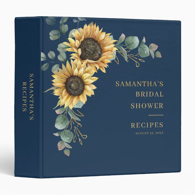 Sunflower Eucalyptus Floral Bridal Shower Recipes 3 Ring Binder (Front/Spine)