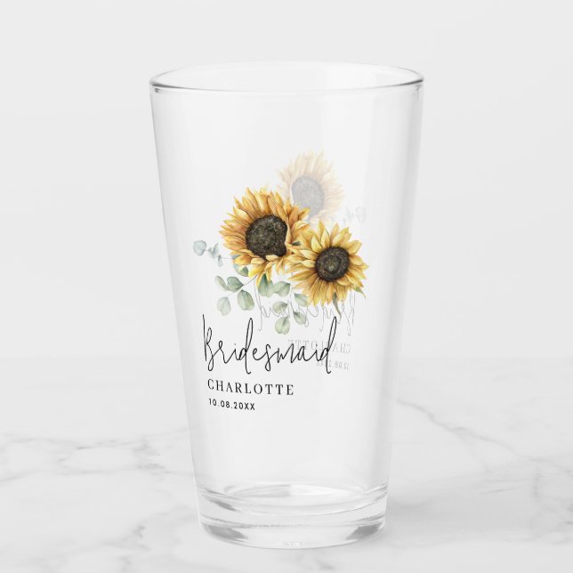Sunflower Eucalyptus Floral Bridesmaid Script Glass (Front)