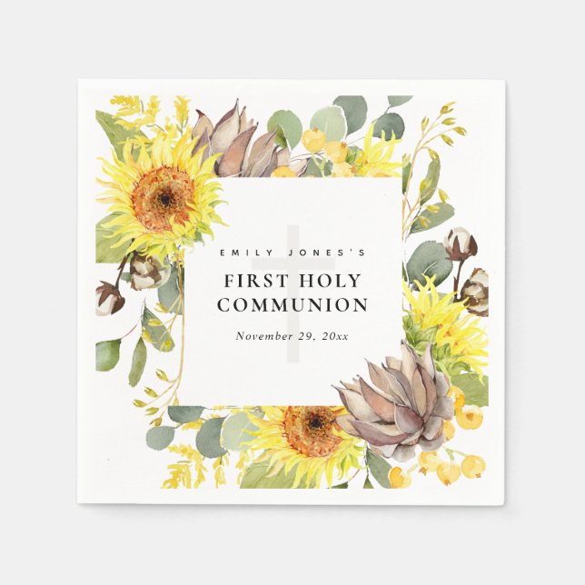 SUNFLOWER EUCALYPTUS FLORAL FIRST HOLY COMMUNION NAPKINS (Front)