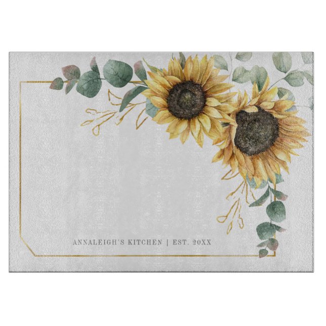 Sunflower Eucalyptus Floral Gold Geometric  Cutting Board (Front)