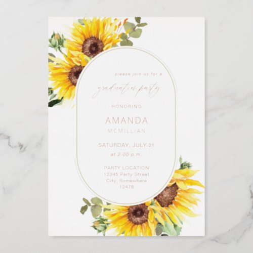 Sunflower  Eucalyptus Floral Graduation Party Foil Invitation