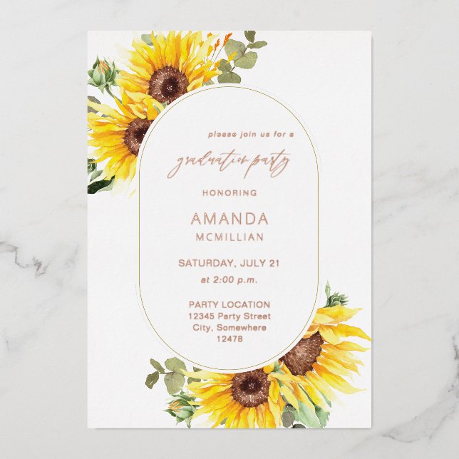 Sunflower & Eucalyptus Floral Graduation Party Foil Invitation (Front)