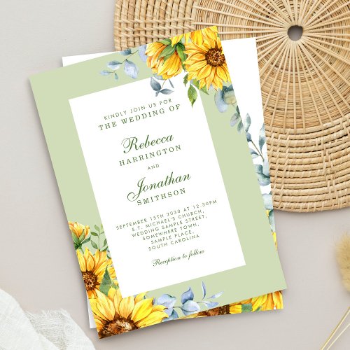 Sunflower  Eucalyptus Floral Green Wedding Invitation