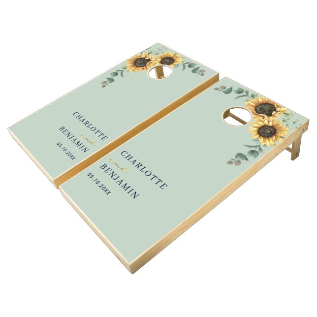 Sunflower Eucalyptus Floral Greenery Wedding Cornhole Set (Angled)