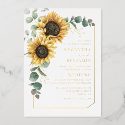 Sunflower Eucalyptus Floral Greenery Wedding Gold Foil Invitation