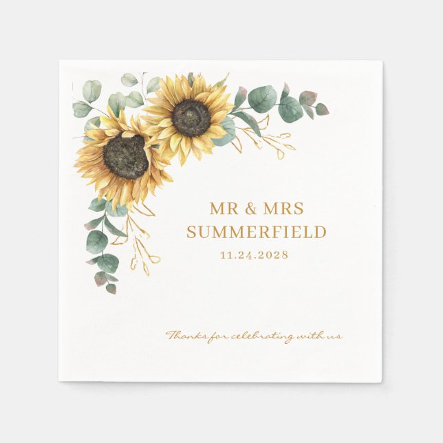 Sunflower Eucalyptus Floral Greenery Wedding Napkins (Front)
