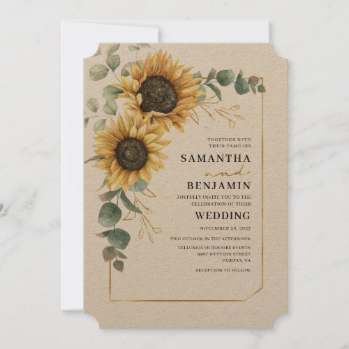 Sunflower Eucalyptus Floral Rustic Wedding Invitation