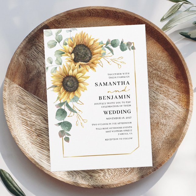 Sunflower Eucalyptus Floral Rustic Wedding Invitation (Floral Sunflower Eucalyptus First Names Wedding Invitation)