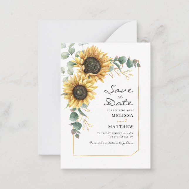 Sunflower Eucalyptus Floral Save The Date Note Car Card (Front)