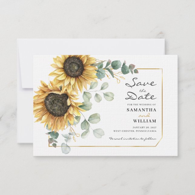 Sunflower Eucalyptus Floral Save the Date Note Card (Front)