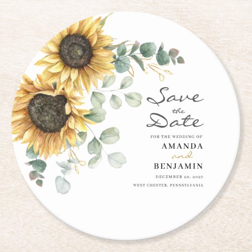 Sunflower Eucalyptus Floral Save The Date Round Paper Coaster